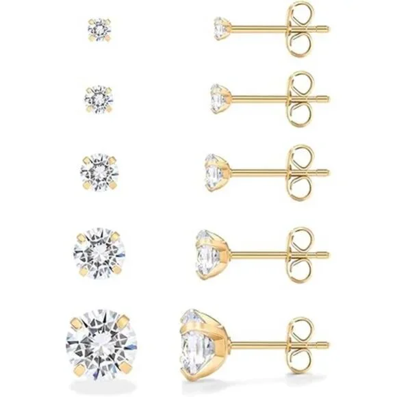 Waterproof Five Pairs Stud Earrings for Women - 14K Gold Plated Stainless Steel - Picture 7 of 7